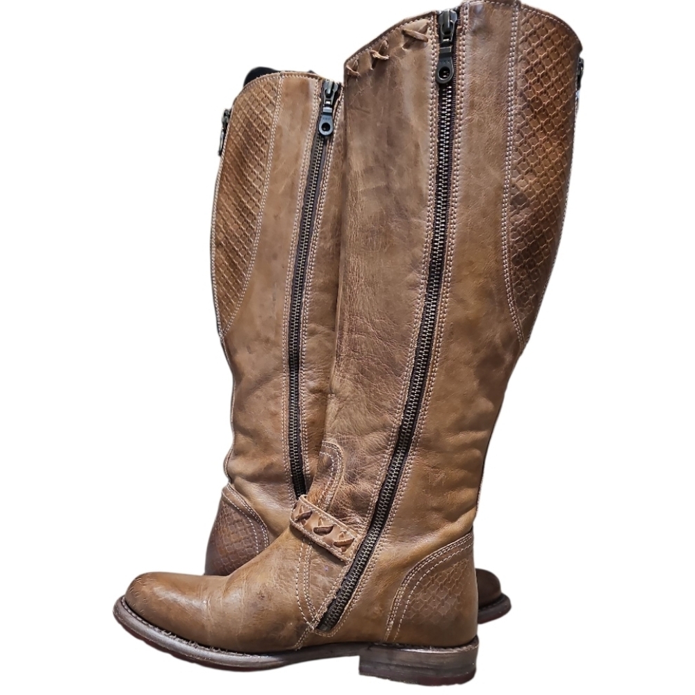 Bed/Stu Glaye Tan Leather Buckle Distressed Ridding Boots - Picture 5 of 14